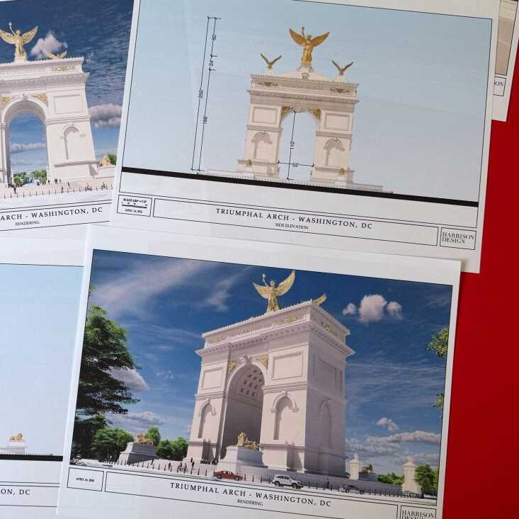 Artist renderings and diagrams for President Trump's proposed triumphal arch released by the U.S. Commission of Fine Arts on April 10, 2026. - Jon Elswick/AP